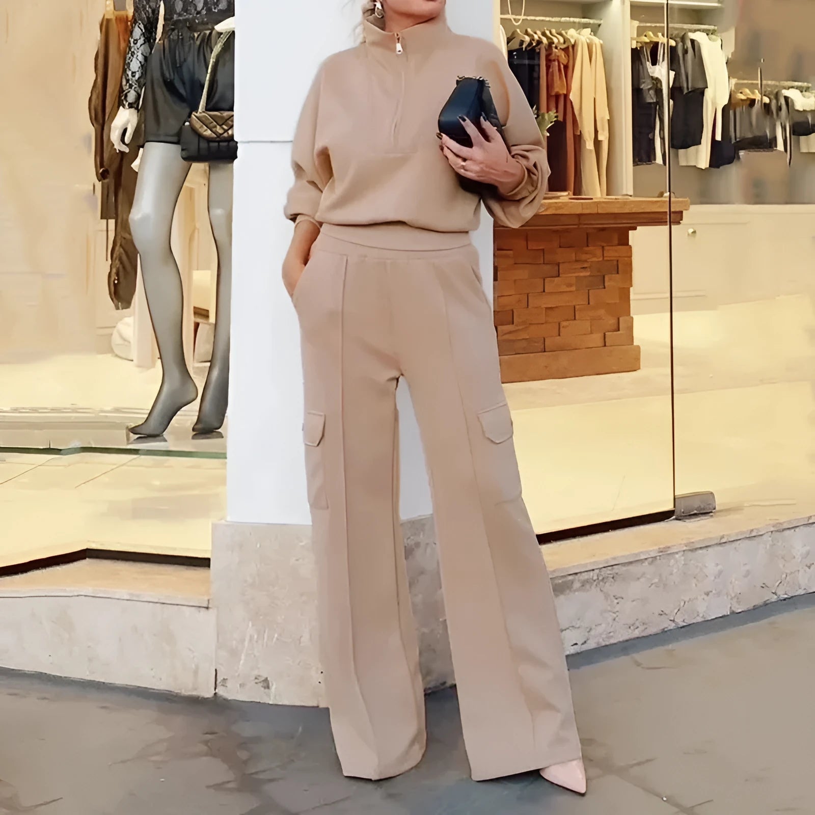 Women's light camel polyester lapel top and wide-leg trousers work set
