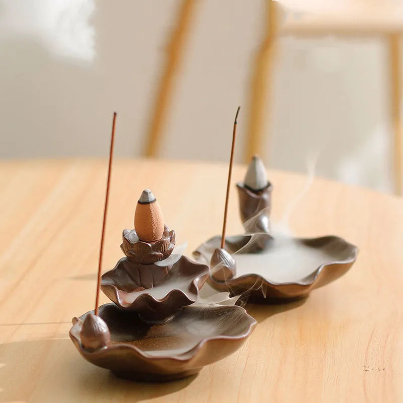 Ceramic reverse flow incense burner with purple clay construction and Ge kiln process