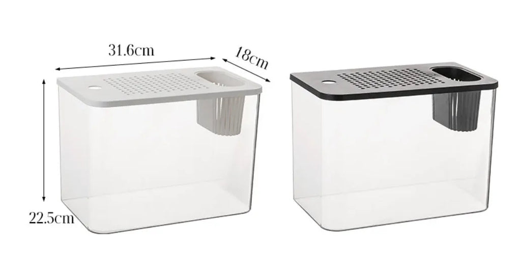 A medium-sized transparent plastic Betta fish tank with a black cover, measuring 32cm long.