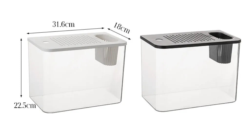 A medium-sized transparent plastic Betta fish tank with a black cover, measuring 32cm long.