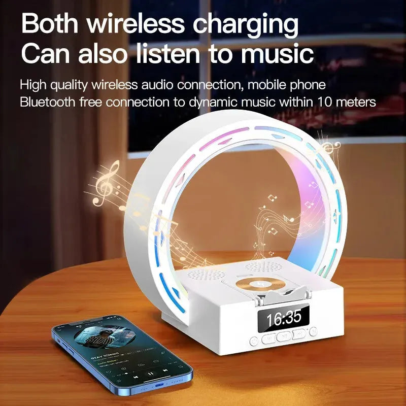 White multifunctional Bluetooth speaker bedside unit with digital clock display and wireless charging phone on top.