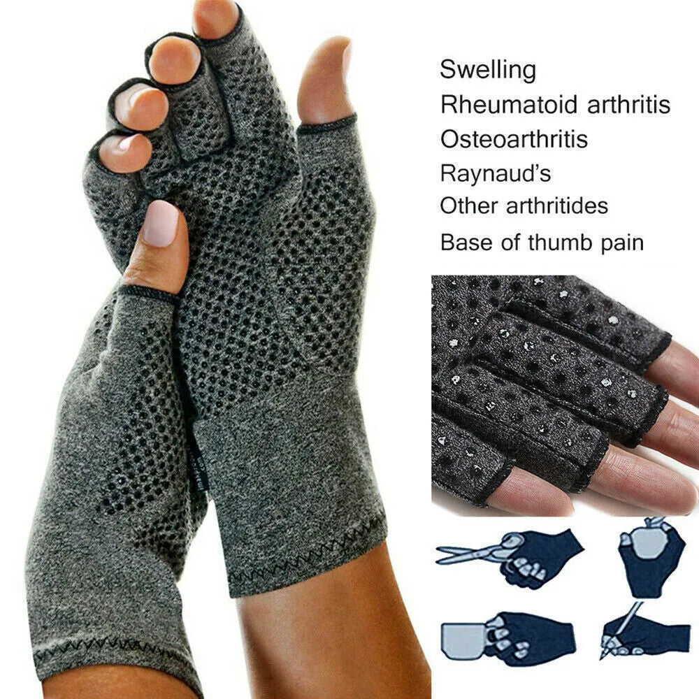 Grey half-finger compression gloves with silicone grip palm on hand, showing open fingertips.