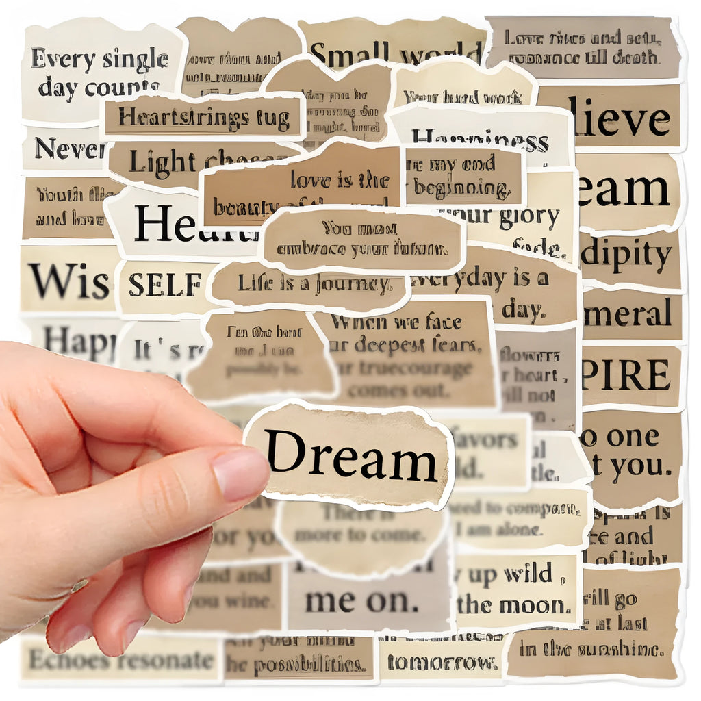 25 pack of tear English design decorative PVC stickers for laptops, showing matte finish and various sizes between 4 and 7cm.