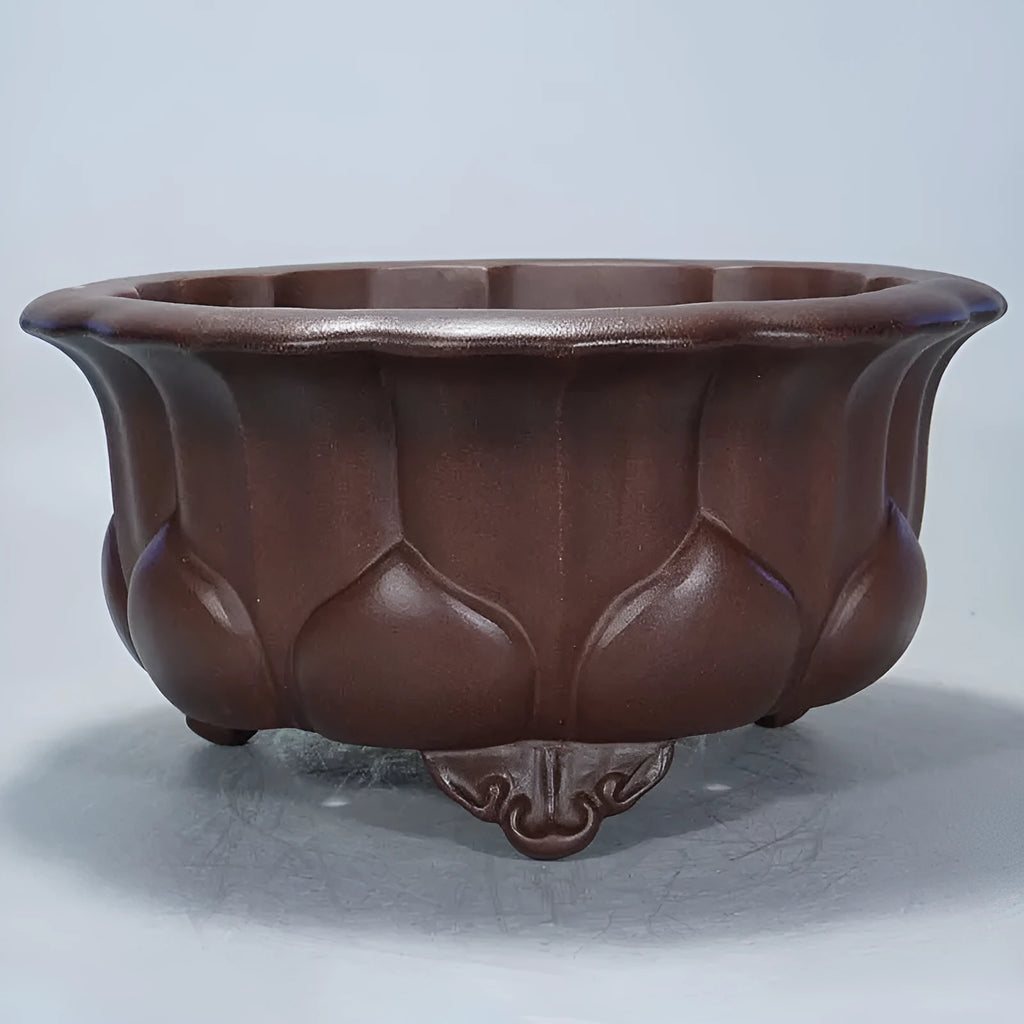 Purple sand clay succulent flower pot with petal-shaped basin and antique finish, 37cm wide.