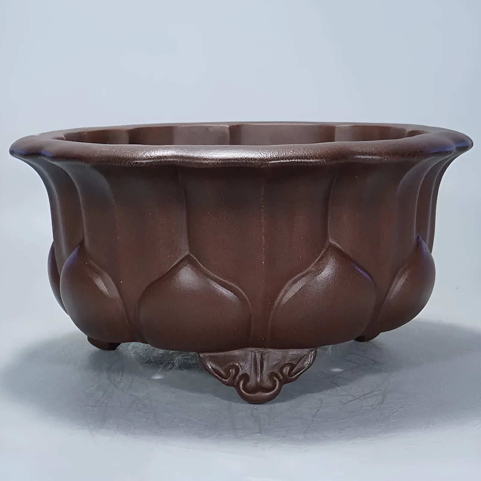 Purple sand clay succulent flower pot with petal-shaped basin and antique finish, 37cm wide.