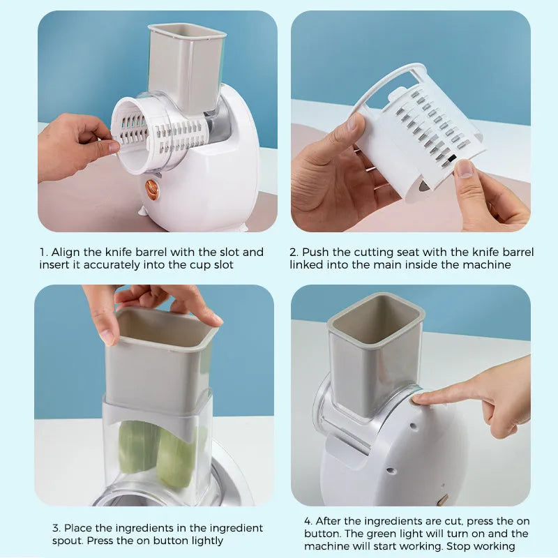 White electric vegetable slicer with rotary blade system and suction base for kitchen food preparation