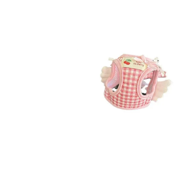 Pink and black cotton dog lead with chest and back design and a hand-holding rope for small dogs.