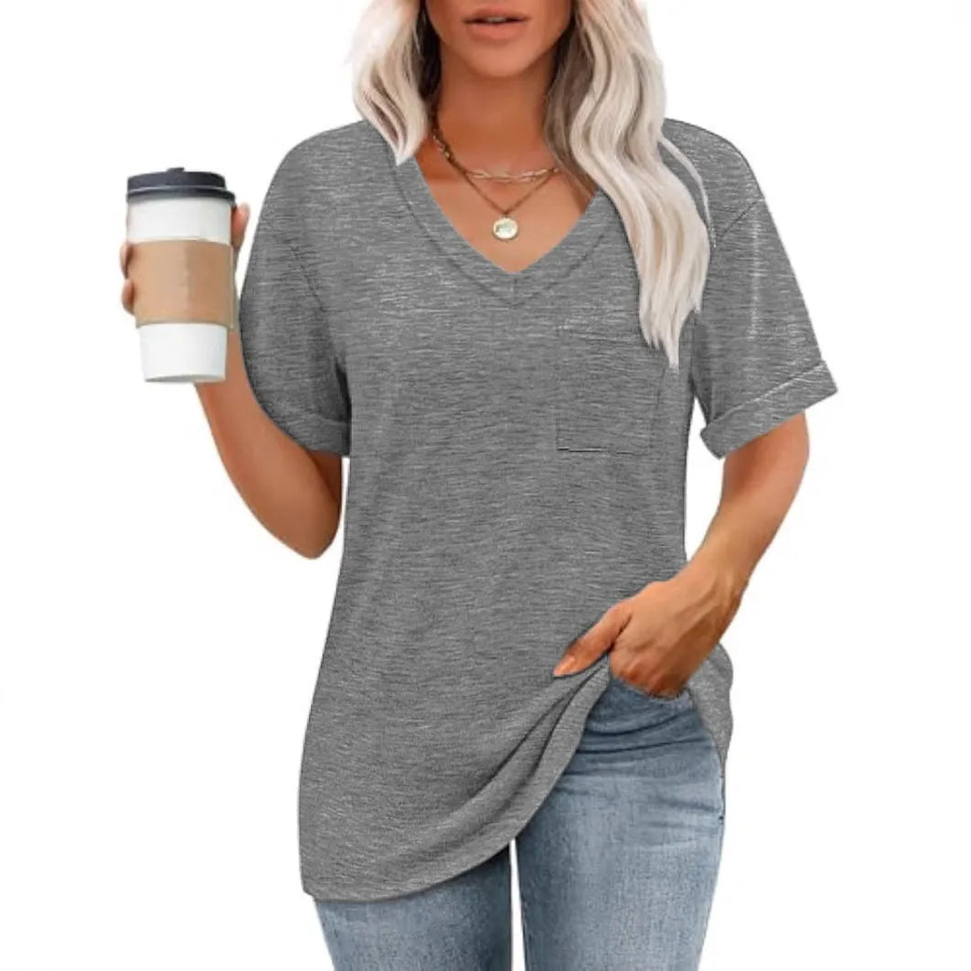 Grey loose-fit V-neck T-shirt with a chest pocket on a solid background