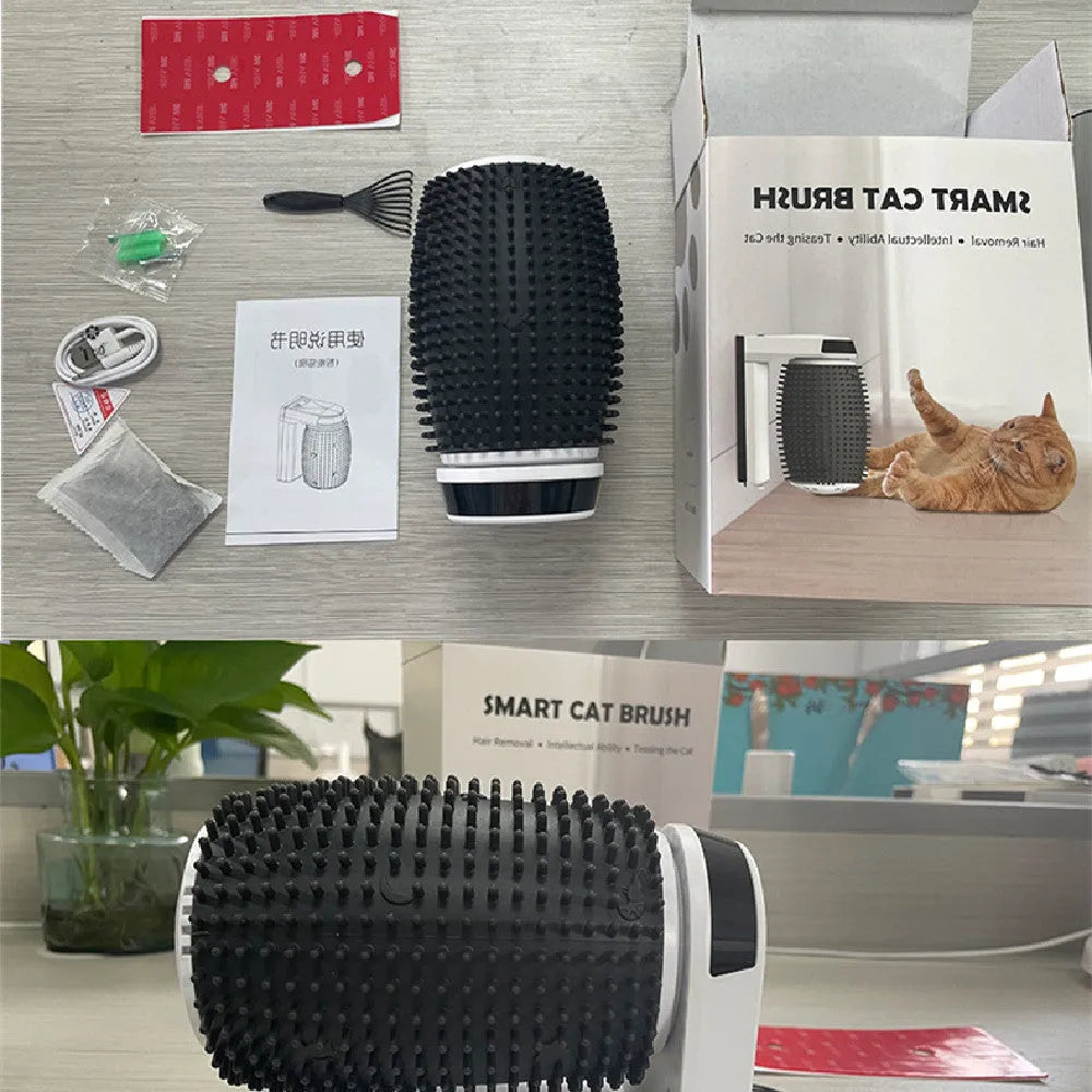 White automatic cat self-groomer brush mounted in a wall corner with soft silicone bristles.