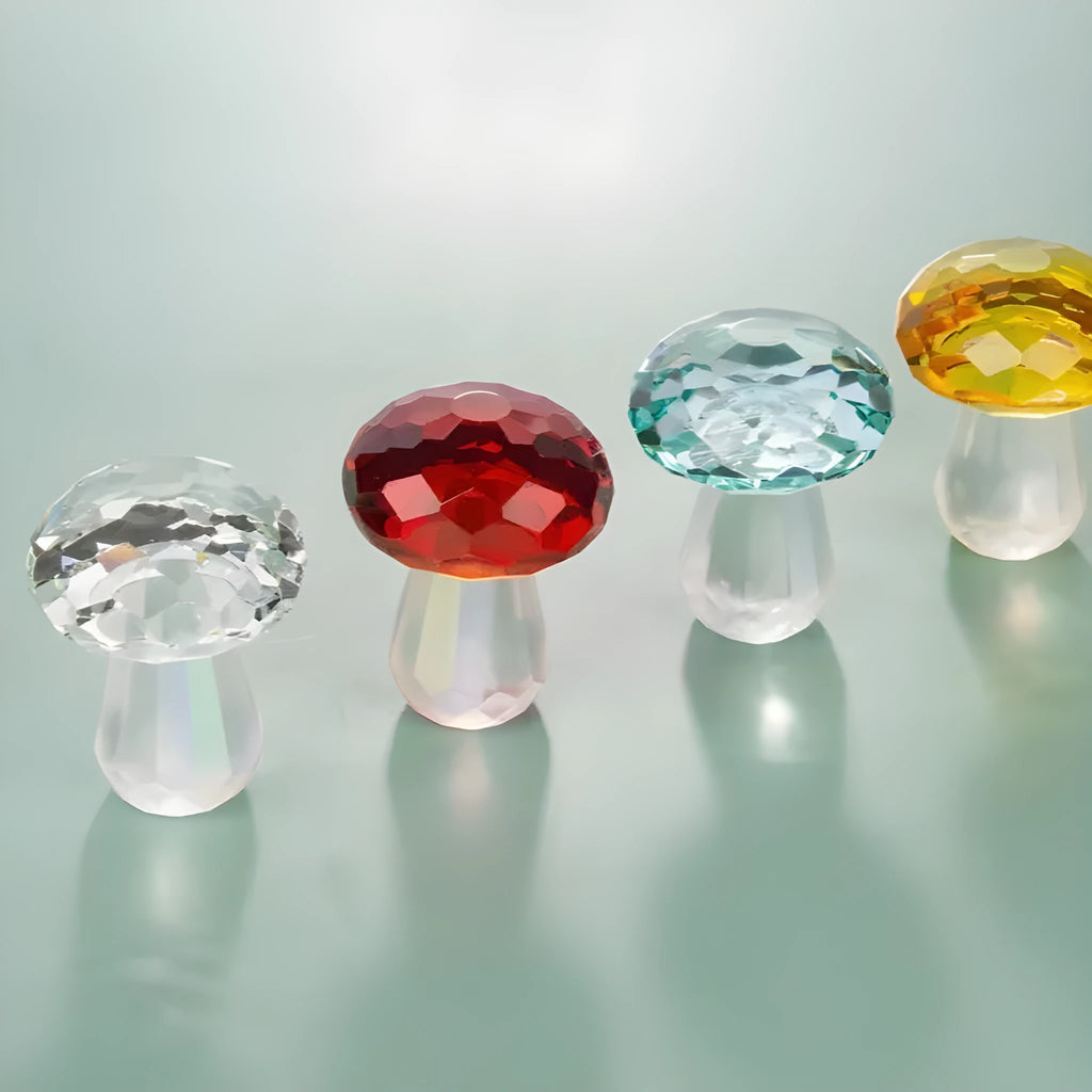 Colourful geometric mushroom ornament made of white crystal in four colour options.