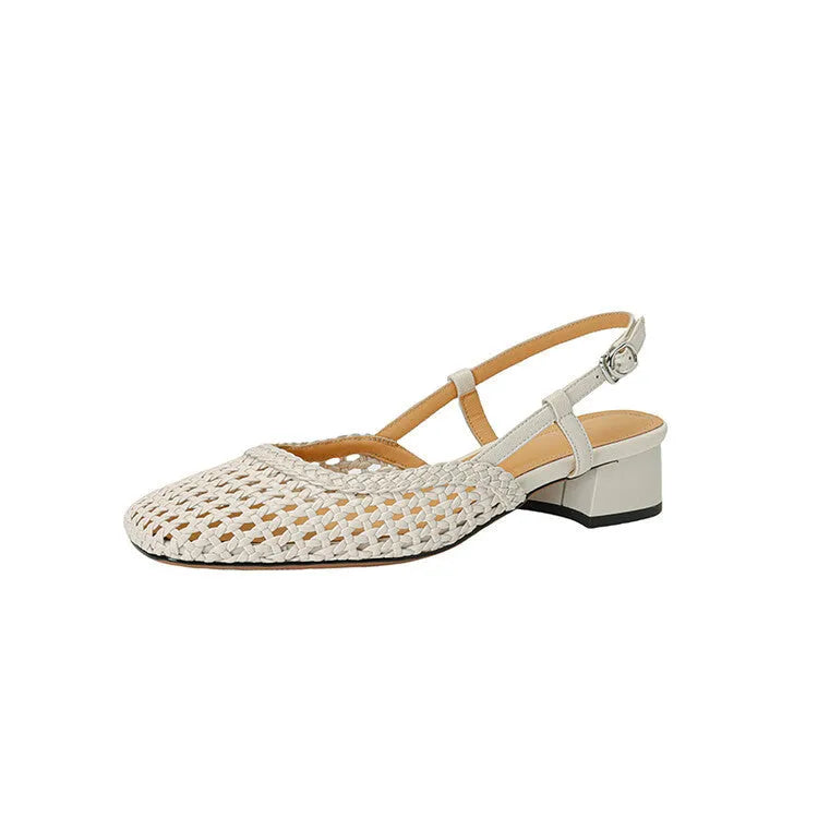 Women's beige woven hollow-out closed toe sandals with chunky 4cm heel and adjustable buckle strap