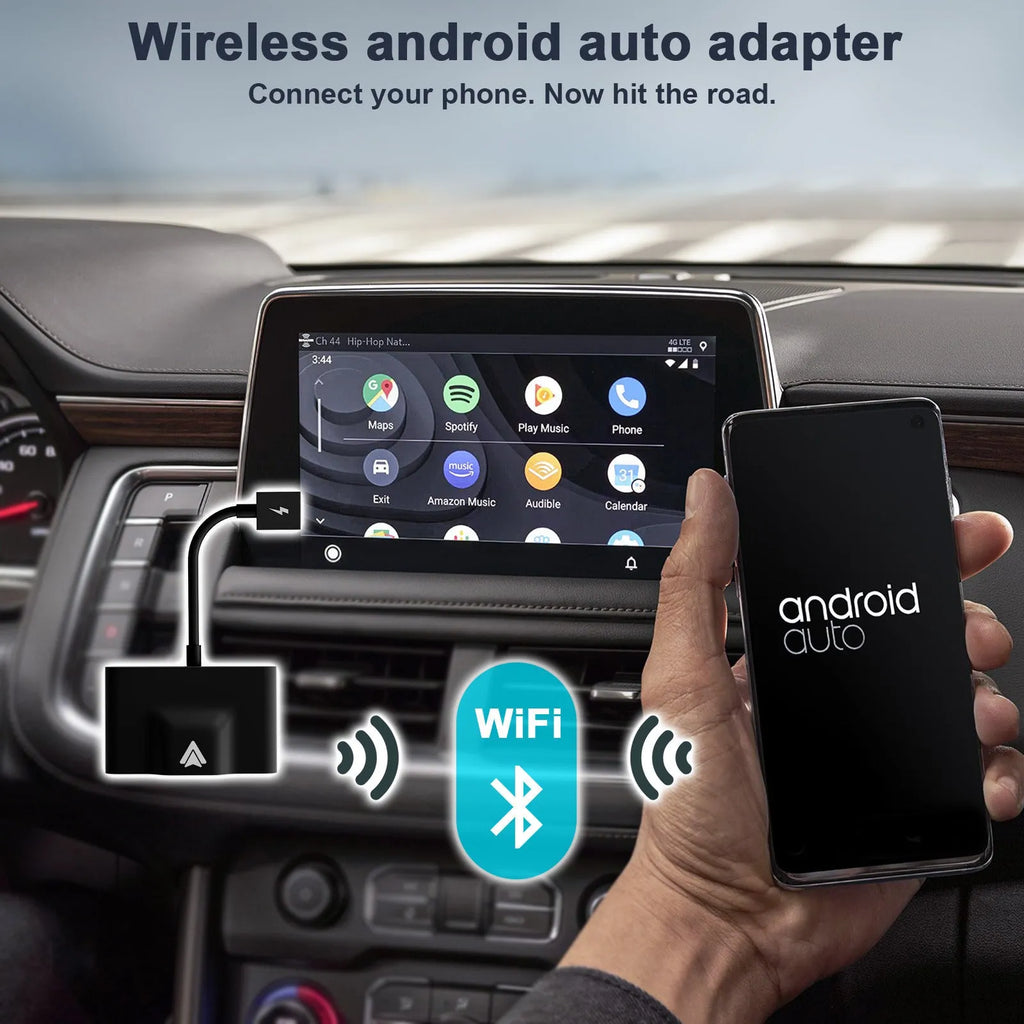 Car wired to wireless Android adapter in black and white colour variants for connecting phones to factory CARPLAY systems.
