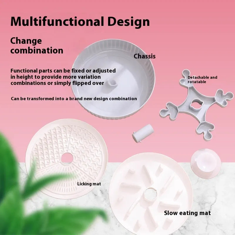 Interactive pet slow feeder bowl with rotating game board and textured silicone pad in assorted colours.