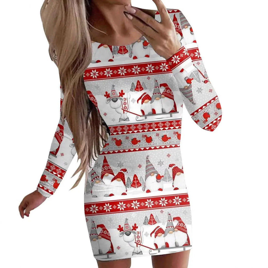 Women's tight-fit long sleeve Christmas dress with animal print in a floral colour, showing round neck and hip skirt.