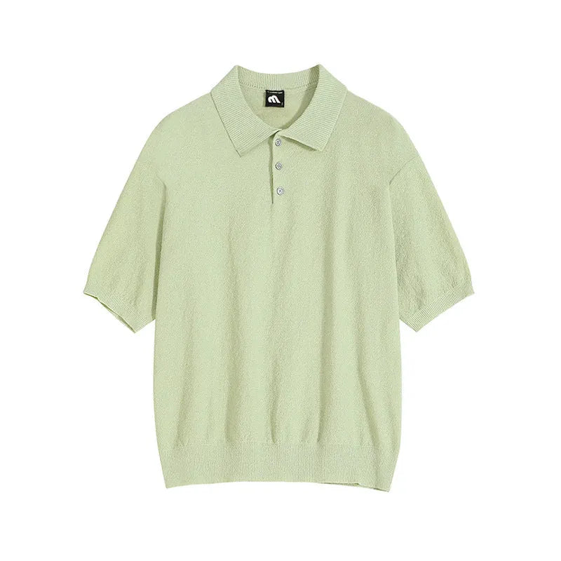 Men's caramel-colour retro knitted polo shirt with short sleeves and loose fit.