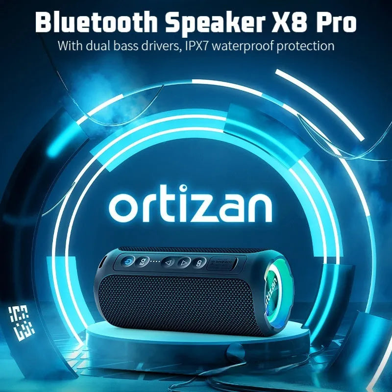 Black and blue fabric portable Bluetooth speaker with LED lights, 40W power.