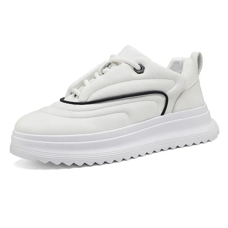 PU leather casual loafers with a thick sole and low heel for height increase, shown in multiple colour options.