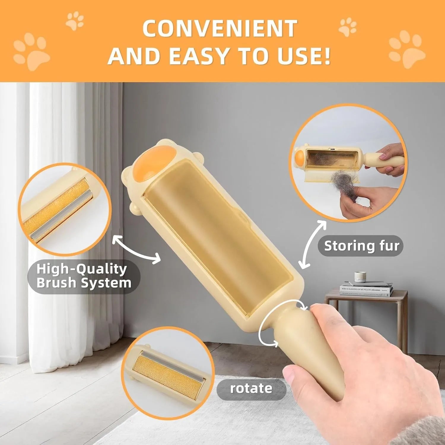 Blue pet hair removal tool with a roller and self-cleaning base for furniture and cars.