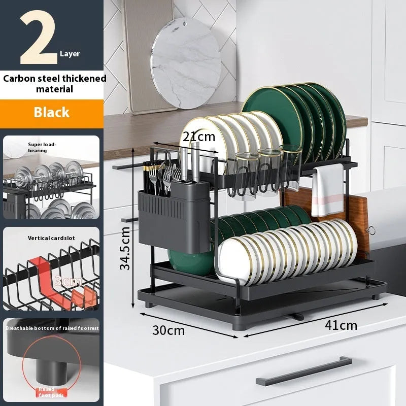 White and black double-layer kitchen storage rack with a removable draining tray.