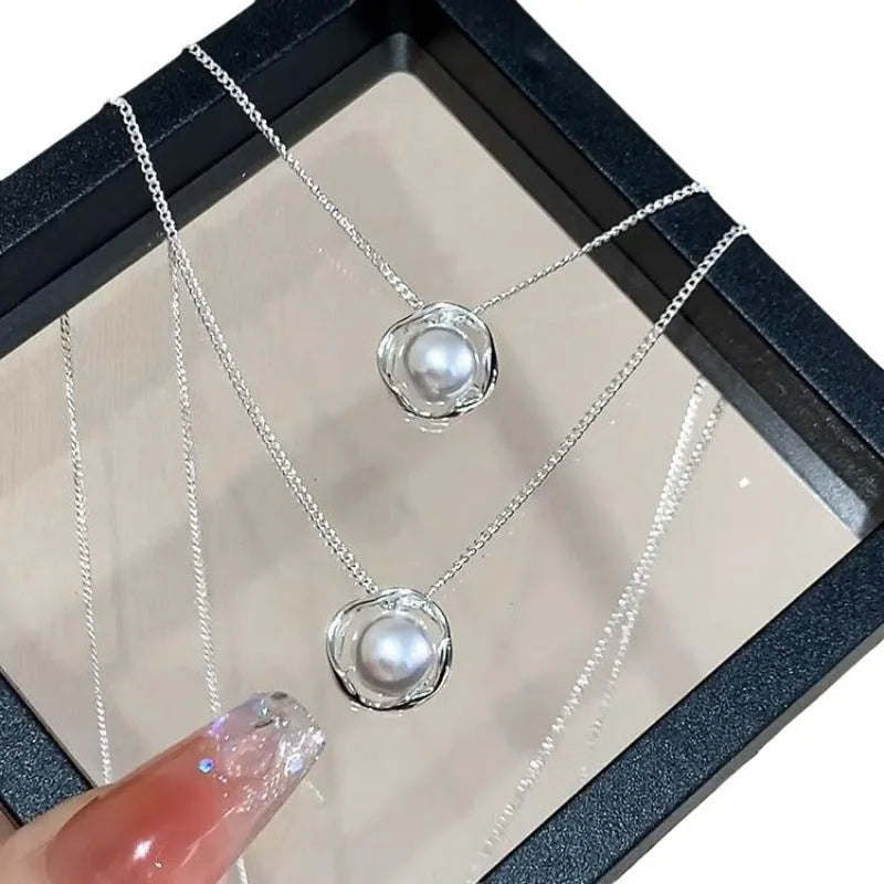 Women's rose pearl geometric circle ring line necklace with cross chain and copper electroplated finish