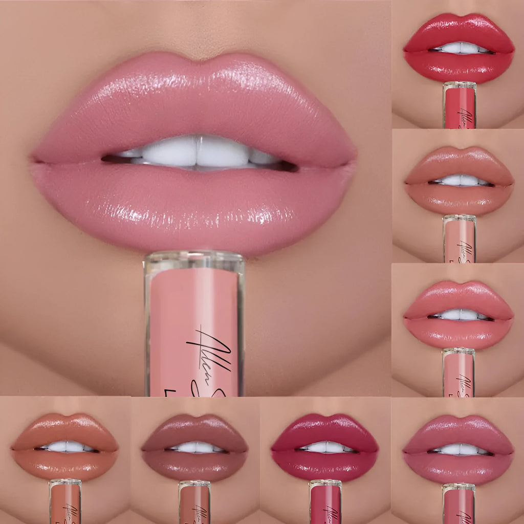 Silky cream texture lip gloss lipstick showing lip glaze formulation with multiple colour options