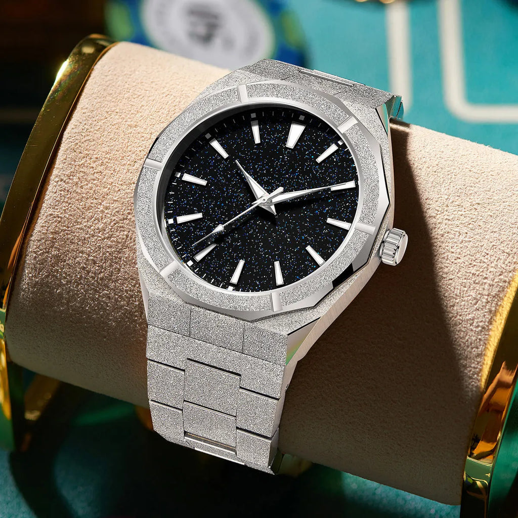 Men's business watch with stainless steel frosted case and luminous hands in silver colour option