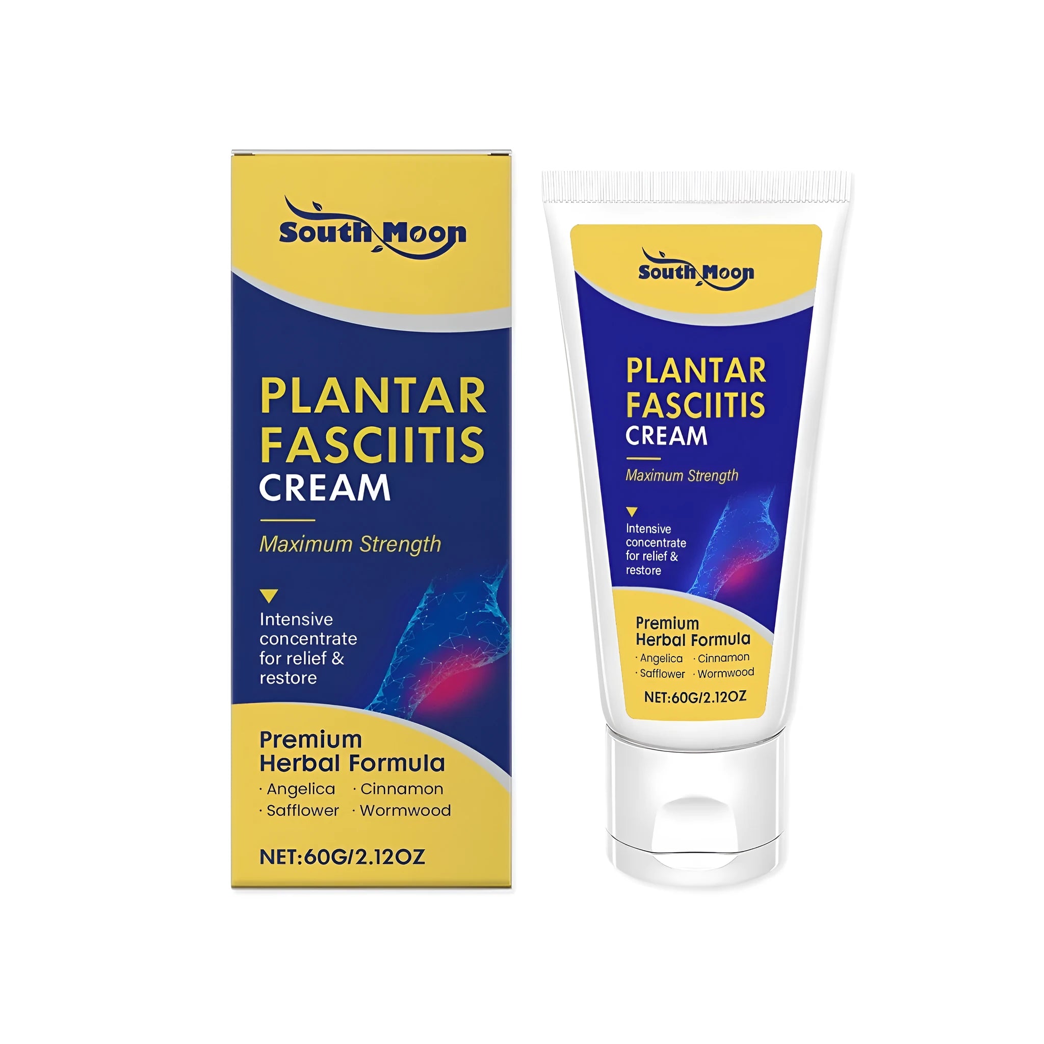 60g tube of herbal foot relief cream with mint, angelica, cinnamon oil, safflower and mugwort ingredients
