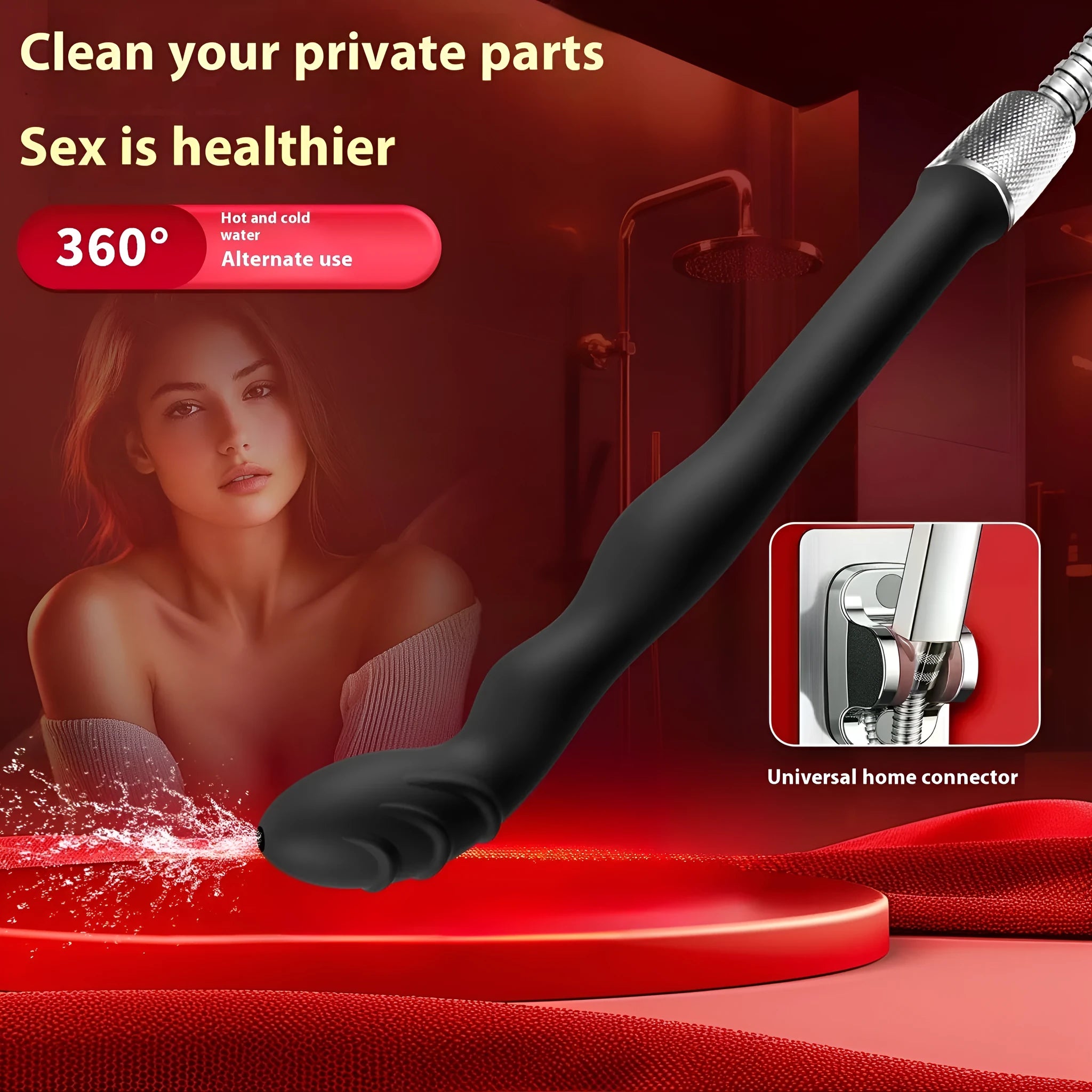 Black silicone sausage filler hosepipe flusher for cleaning, shown with enema.