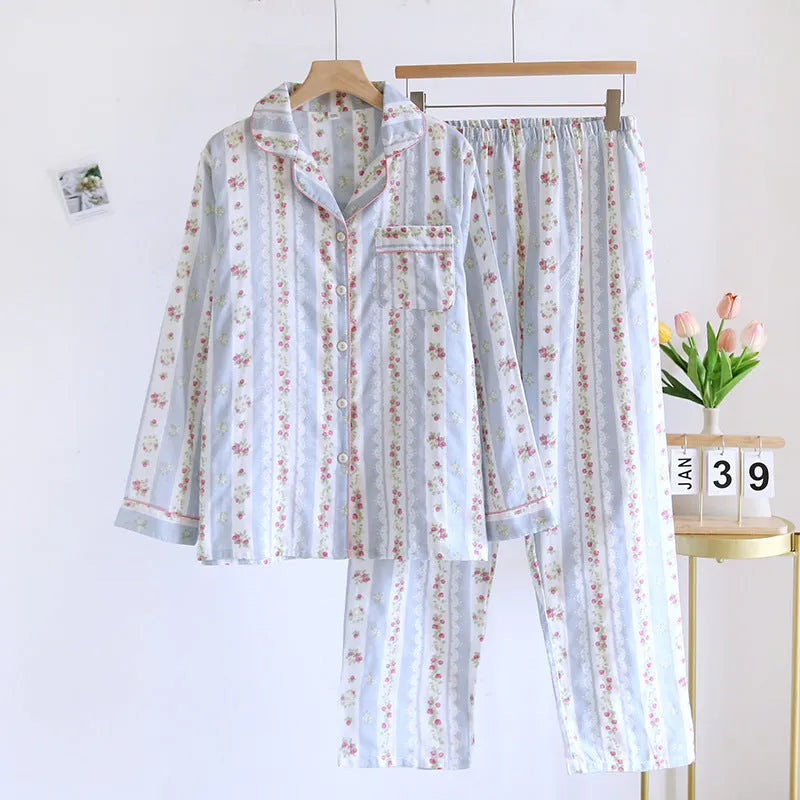 Cotton gauze long-sleeved top and trousers two-piece homewear set in a colour stripes print.