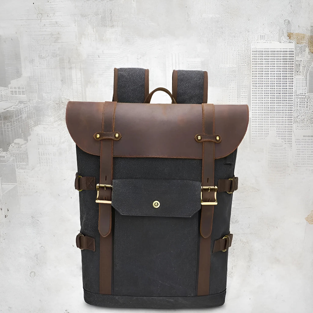 Army Green canvas computer backpack with crazy horse leather detailing and USB charging port