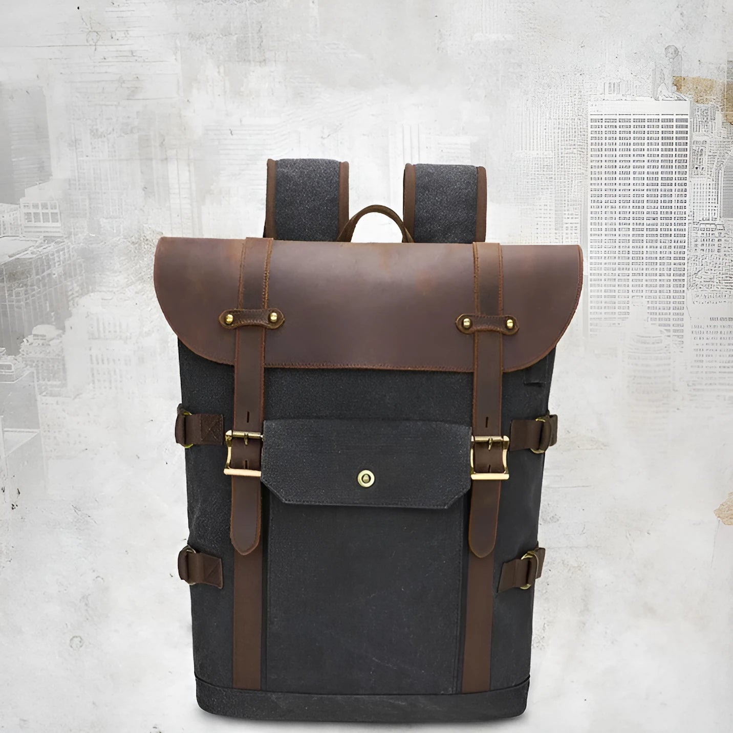 Army Green canvas computer backpack with crazy horse leather detailing and USB charging port