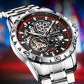 Men's silver automatic mechanical watch with hollow-out luminous dial and transparent case back