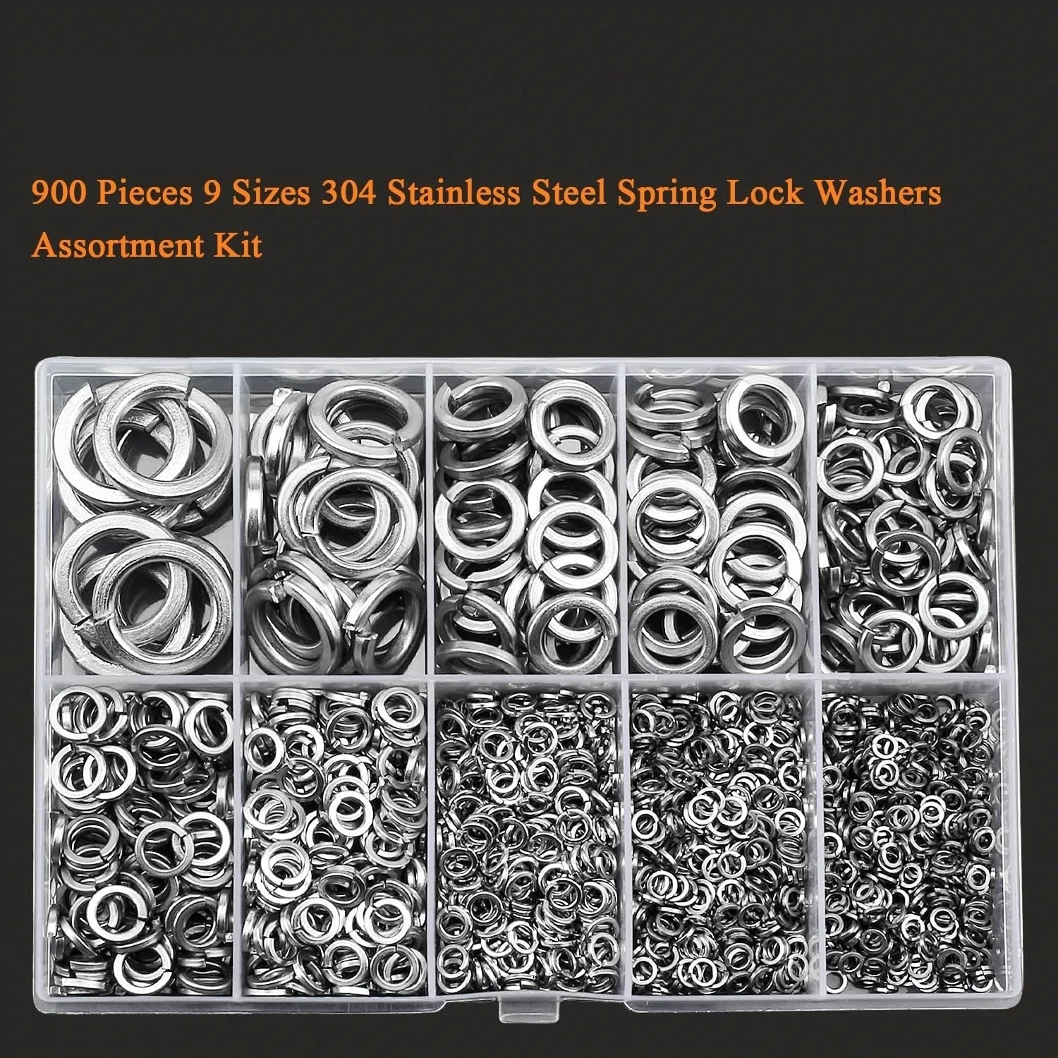 304 stainless steel spring washer assortment kit with 900 pieces in a box, sizes 2mm to 12mm