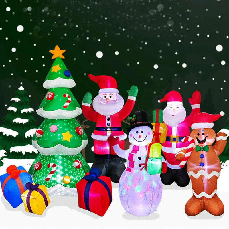 Glowing LED inflatable Christmas decorations including Santa, snowman, and a Christmas tree for outdoor garden use.