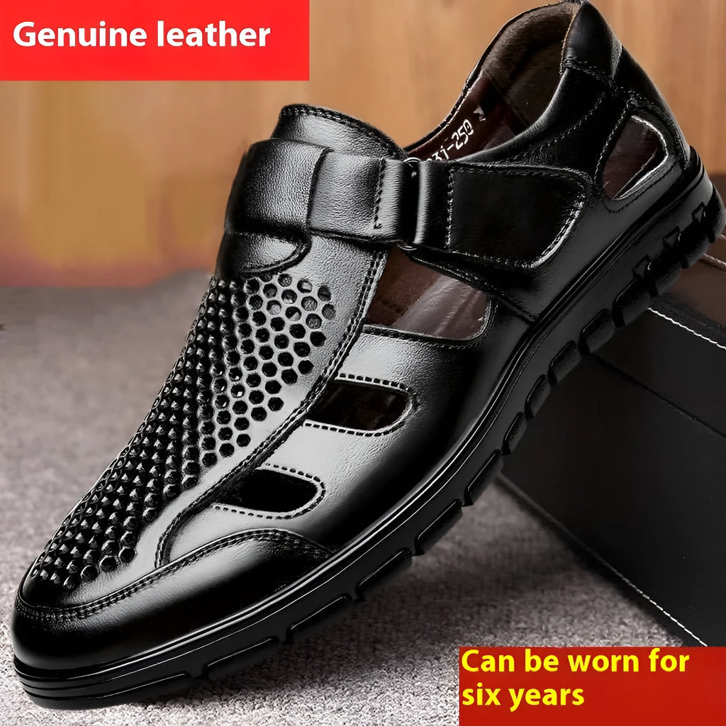 Men's business casual hollow leather sandals with PU upper and Velcro closure in black and brown