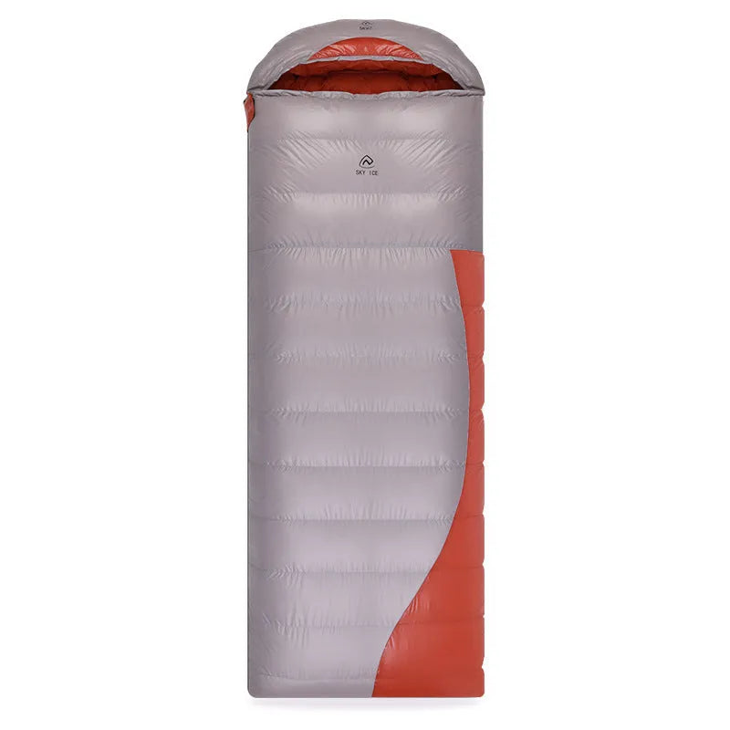 Outdoor camping envelope down sleeping bag in khaki grey with white goose down fill and nylon shell