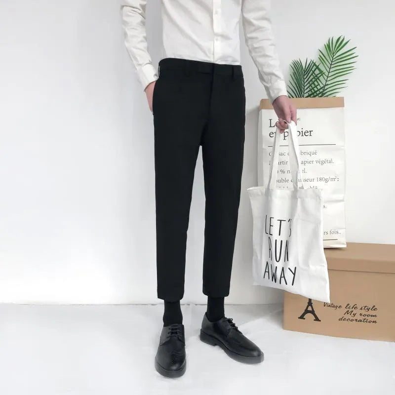 Men's slim straight-leg cotton trousers with drawstring waist in black, grey, or khaki colours