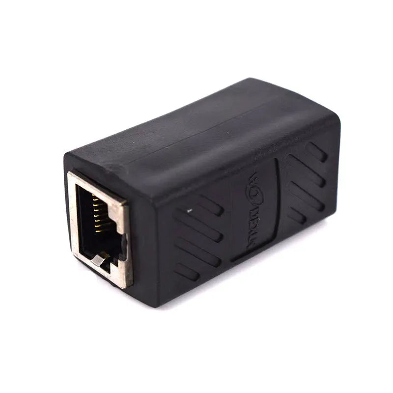 Black RJ45 network cable extender adapter for Ethernet patch cable connections