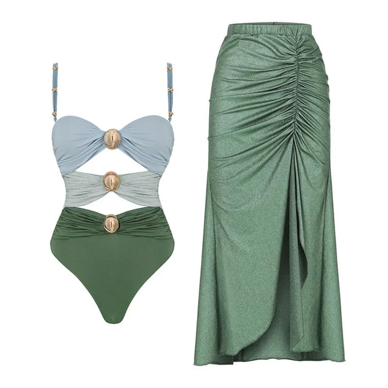 Women's high waist bikini swimsuit with skirt cover-up in yellow split or green one-piece design