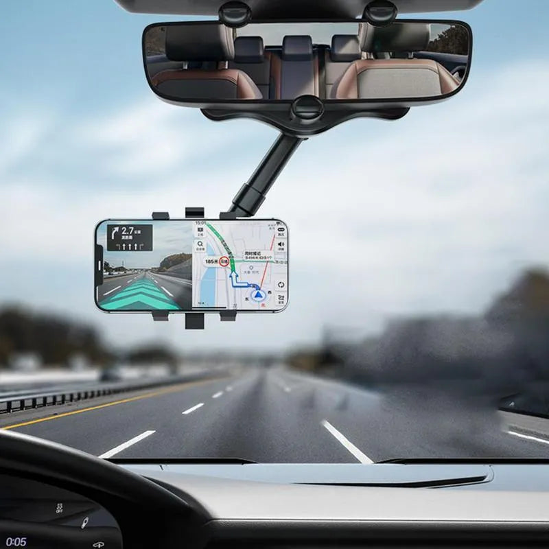 Black rearview mirror car phone holder showing 360-degree rotation and retractable arm extension.