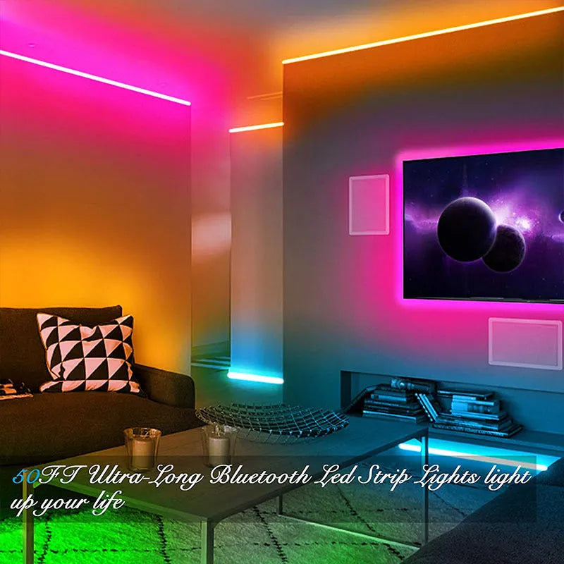 Coiled 5050 RGB LED light strip with Bluetooth remote and power adapter on a white background.