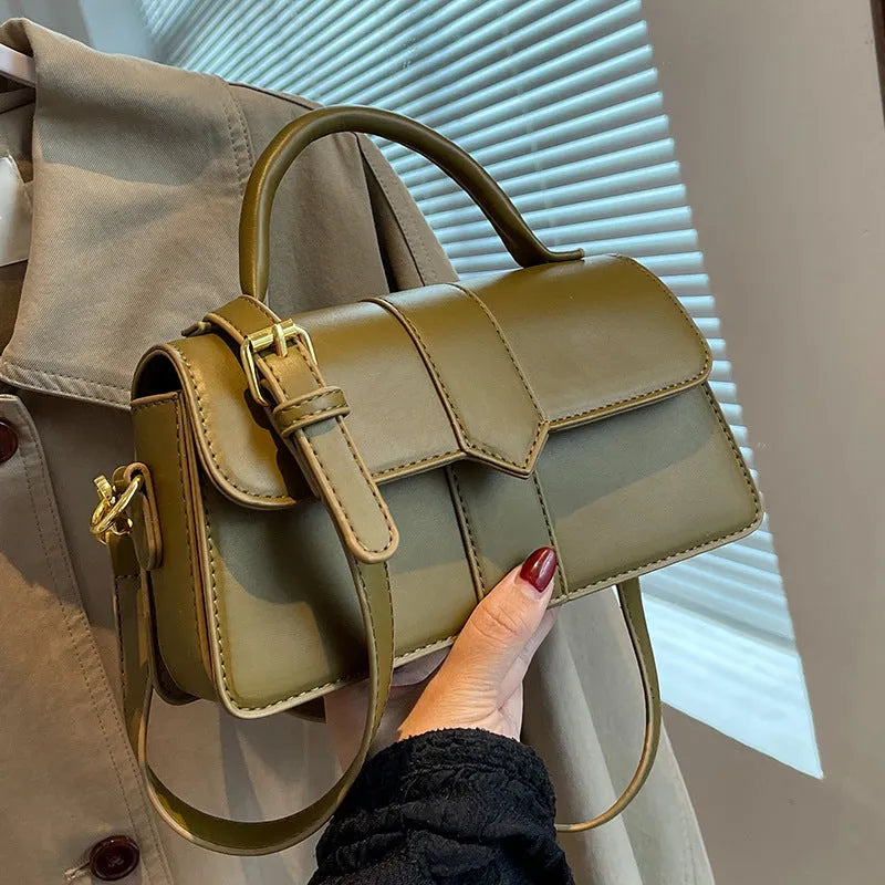 Women's beige PU leather messenger bag showing horizontal square shape and front sandwich pocket