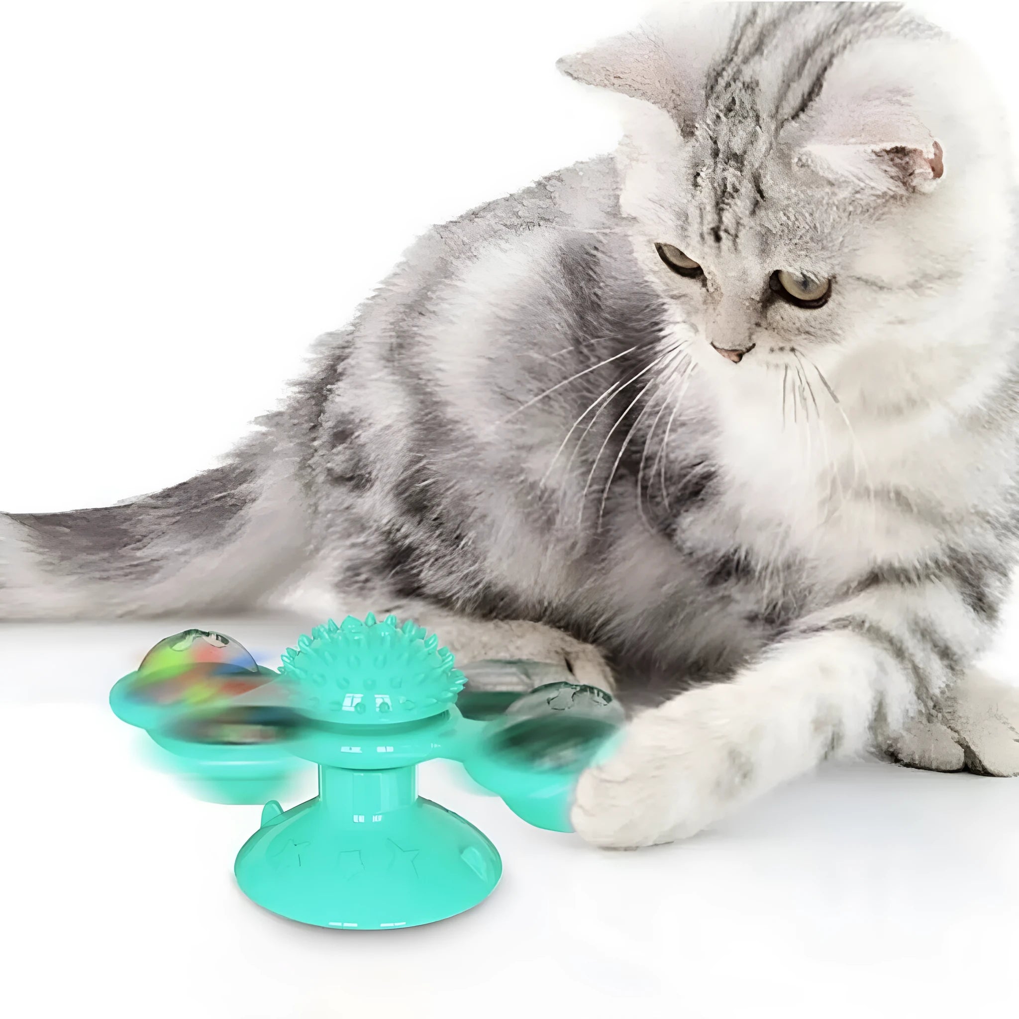 Rotating windmill cat toy with LED light and catnip balls on a white wall