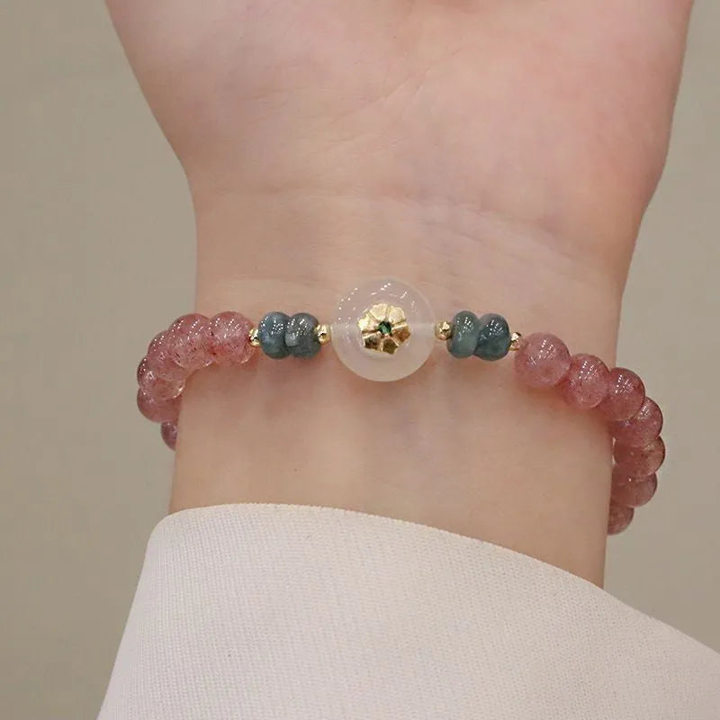 Women's bracelet with strawberry quartz, blue water emerald and round jade pendant, ruyi peace buckle elements