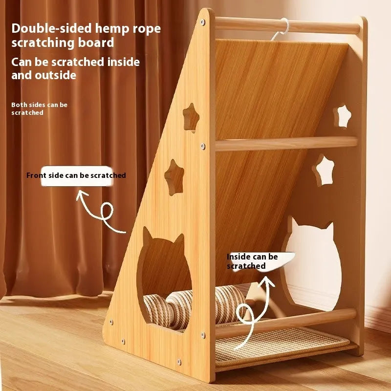 Vertical wall-mounted cat scratch board with sisal surface and hemp rope teasing ball