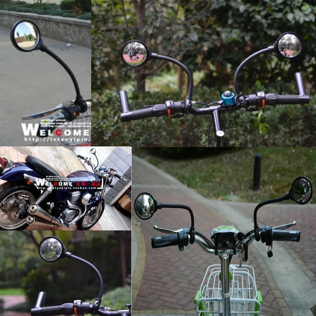 Black metal bicycle rearview mirror with hose adjustment clamp, shown as a two-pack.