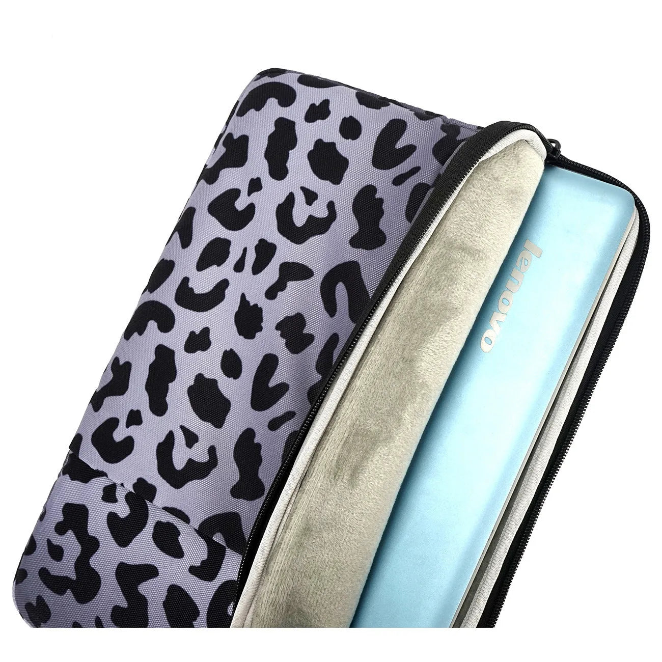 Leopard print laptop sleeve open to show flannel lining, suitable for 13-inch to 16-inch laptops