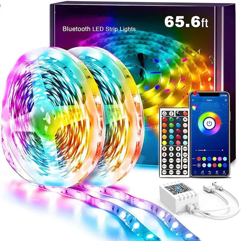 Coiled 5050 RGB LED light strip with Bluetooth remote and power adapter on a white background.