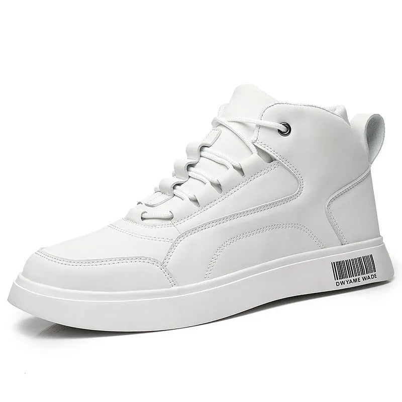 Men's white mid-top casual board sports shoes with lace-up closure and rubber sole