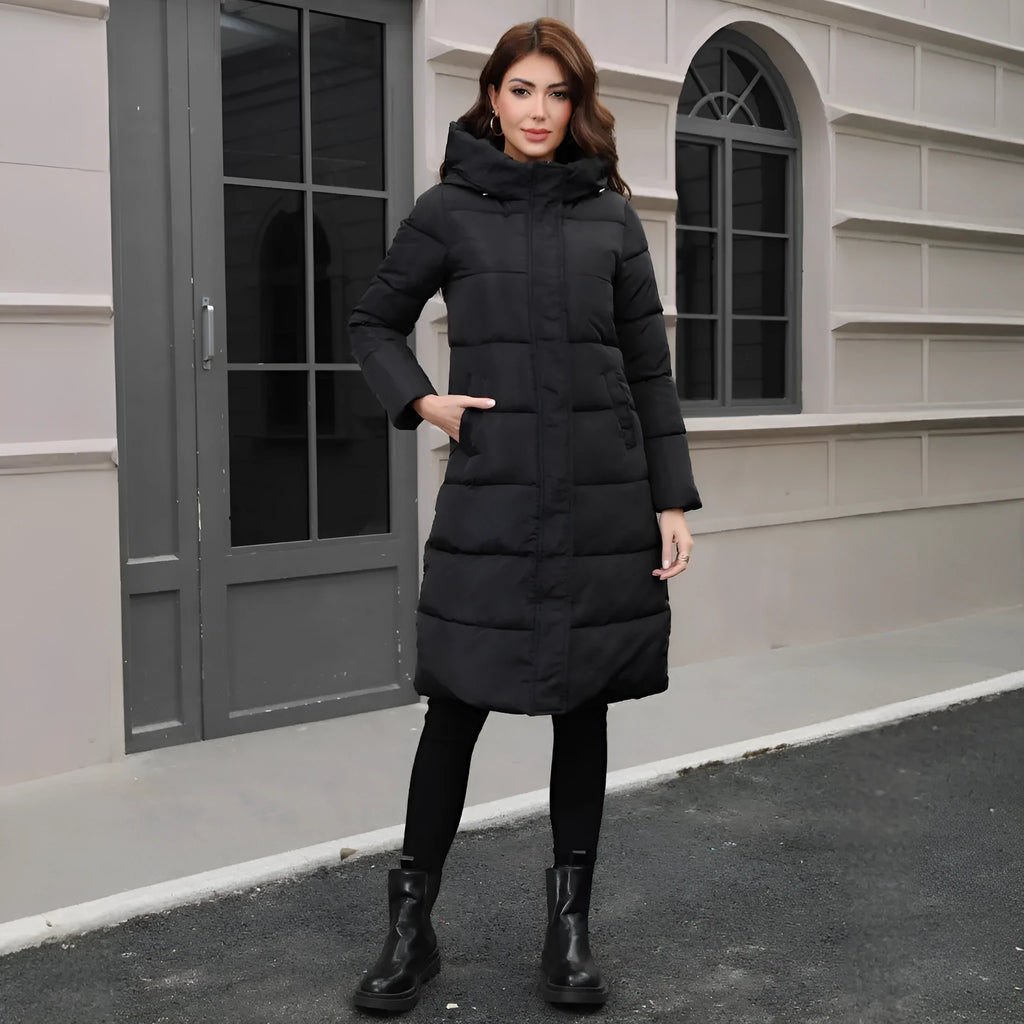 Men's black slim fit hooded winter jacket with long sleeves and thickened cotton construction